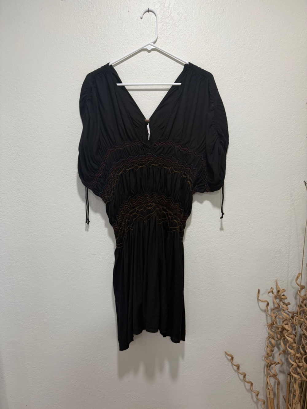 Free People Black Midi Dress with Multicolor Smocked Detail